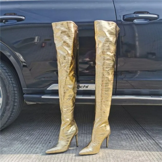 Gold Over The Knee Back Zipper High Heels