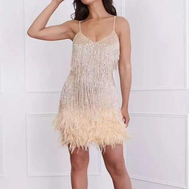 Tassel Sequins Feather Stitching Dress