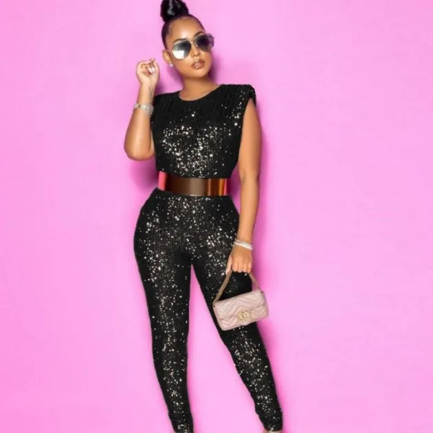 Womens Sequined Sleeveless Mid-waist Jumpsuit