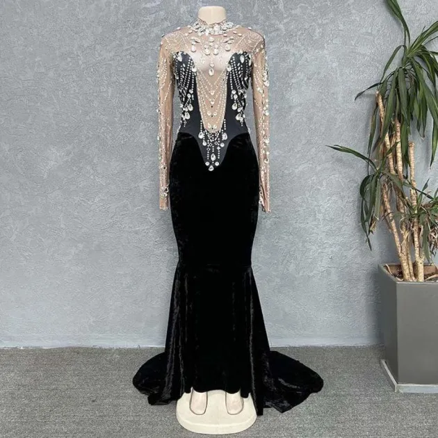 Vestido de noche de traje personalizado delgado con borlas de diamantes de imitación de diamantes calientes de franela