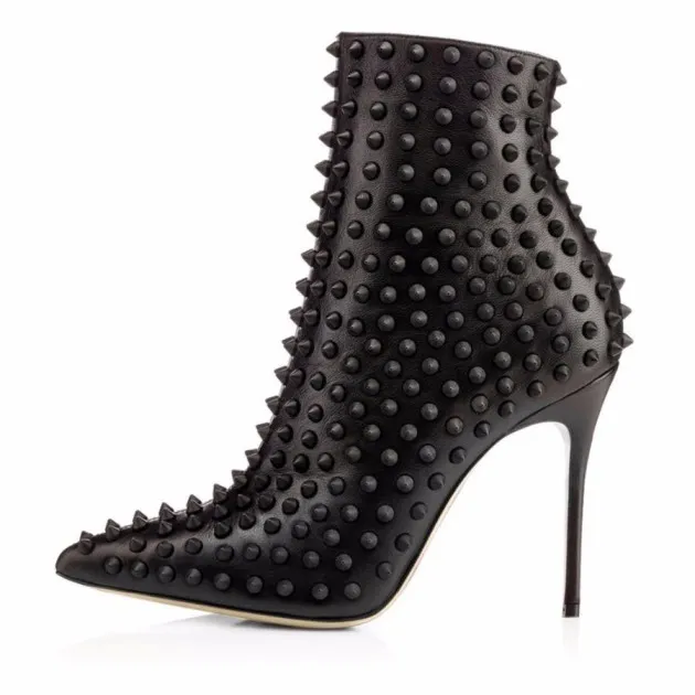 Ladies Black Full-body Rivet Pointed Toe Ankle Boots