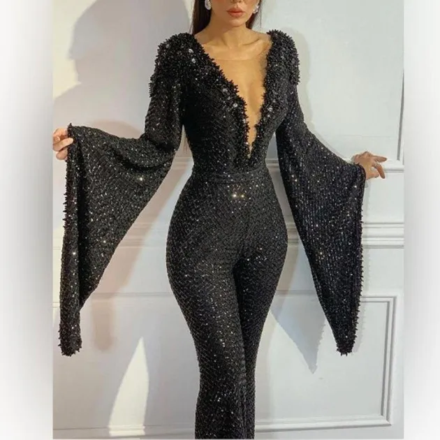 Sequin V-Neck Doll Sleeve Top Jumpsuit