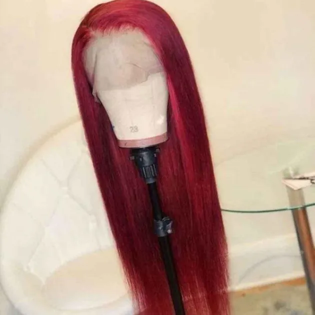 Peluca de pelo rojo con frente de encaje burdeos