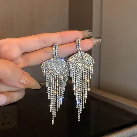Silver Diamond Leaf Tassel Earrings Fashion