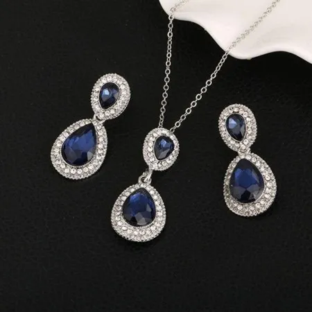 Blue Crystal Drop Pendant Necklace Earring Set