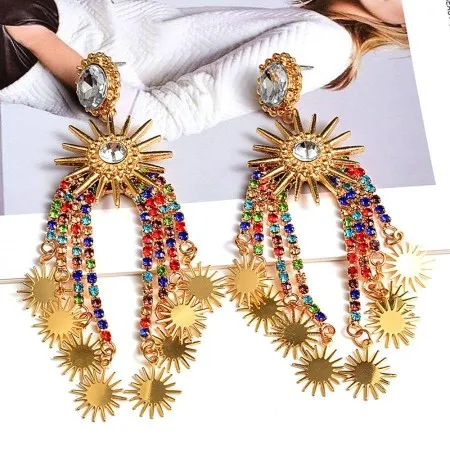 Colorful Suns Crystal Tassel Pendant Earrings