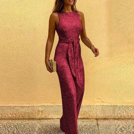 Sleeveless Sequined Silver Jumpsuit Rose