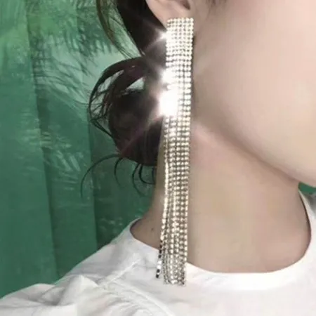 Long Rhinestone Style Net Celebrity Earrings