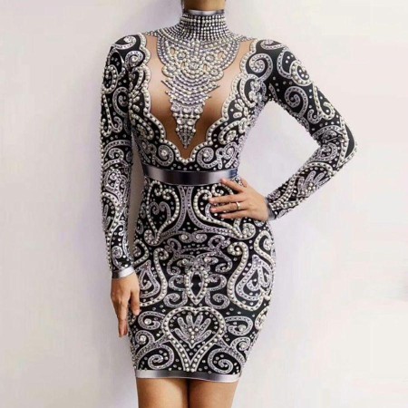 Rhinestone Beaded One Piece Dress