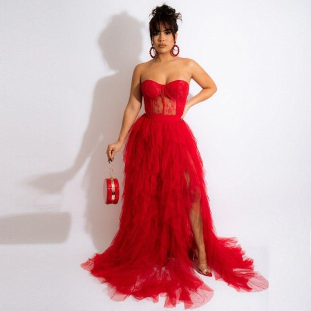 Lace Strapless Chiffon Dress