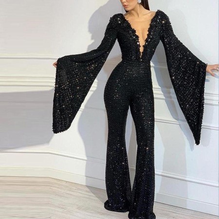 Sequin V-Neck Sleeve Top Jumpsuit