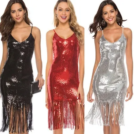 Deep V-Neck Sequined Fringed Backless Slip Dress