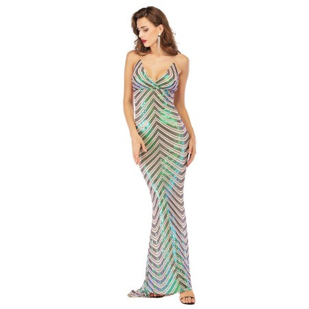 Deep V-neck Stretch Sequined Dress