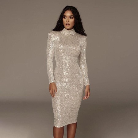stand-up collar sequin dress
