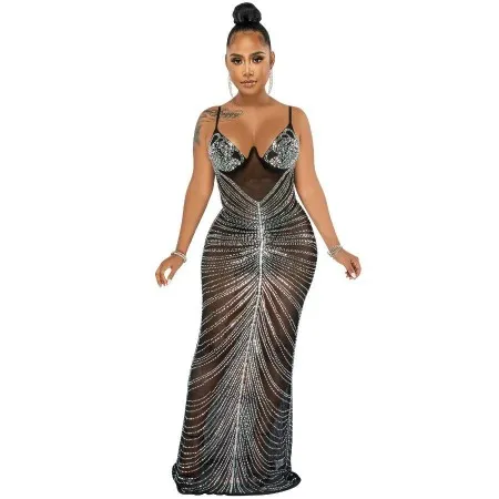 Sparkly Zwarte Mesh Avond Pure Strass Maxi Jurk Spaghettibandjes Crystal Glam