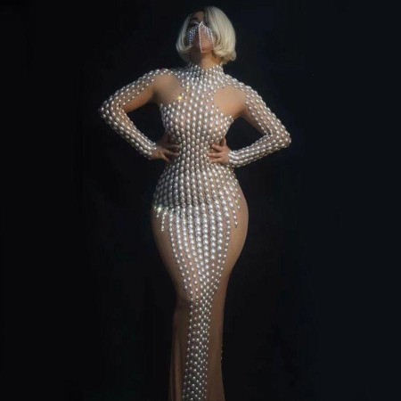 Women Pearl Dress Long Skirt Tight