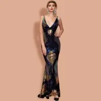 V-neck Pattern Sequined Fishtail Dress Adaline
