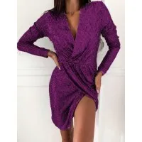 Ladies Sequin Dress Long Sleeve V-Neck Mini Skirt