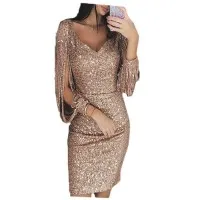 Vestido Ceñido A La Cadera De Manga Larga Con Borlas Brillantes Y Cuello En V