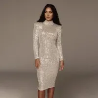 Stand-up Collar Long-sleeved Sequin Dress